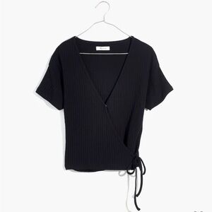 Madewell NWT Ribbed Wrap Crop Top in True Black Size XXS Short Sleeve Shirt